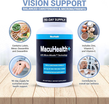 Macuhealth Plus+ Eye Vitamins Supplement for Adults - 90 Day Supply with Lutein, Zeaxanthin, and Meso-Zeaxanthin - Unflavored, Vitamin for Eyes